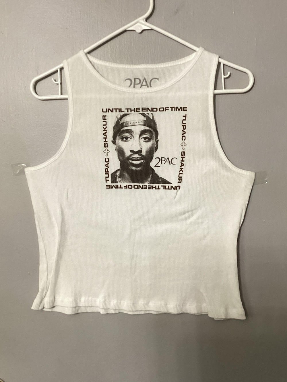 White Ribbed Graphic Tank Top - Tupac Shakur Portrait